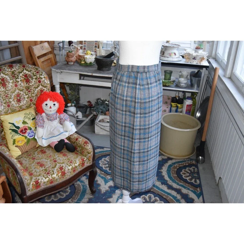 Womens Vintage PENDLETON Gray Blue Plaid Tartan Wool Pencil Skirt Sz M USA MADE